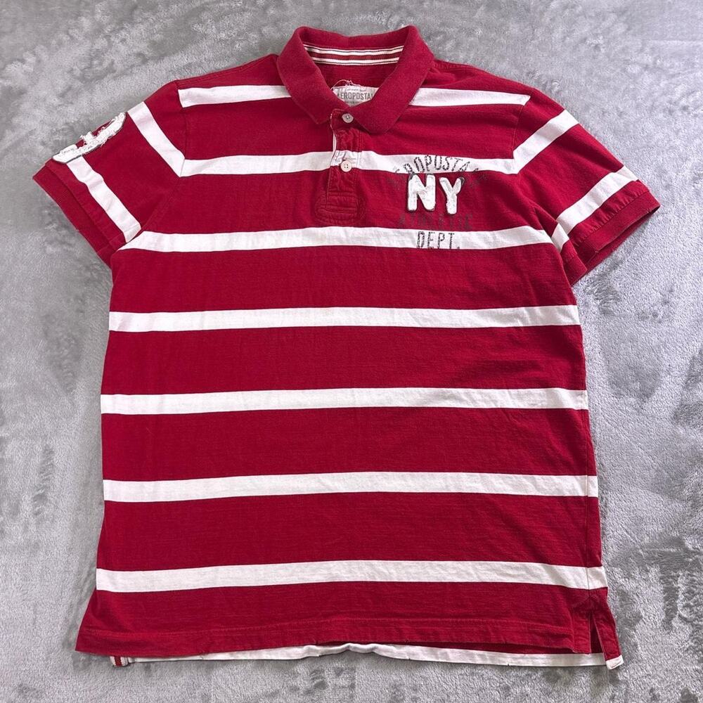 Aeropostale Polo Shirt Mens XXL Red White Striped NY Graphic Cotton Distressed